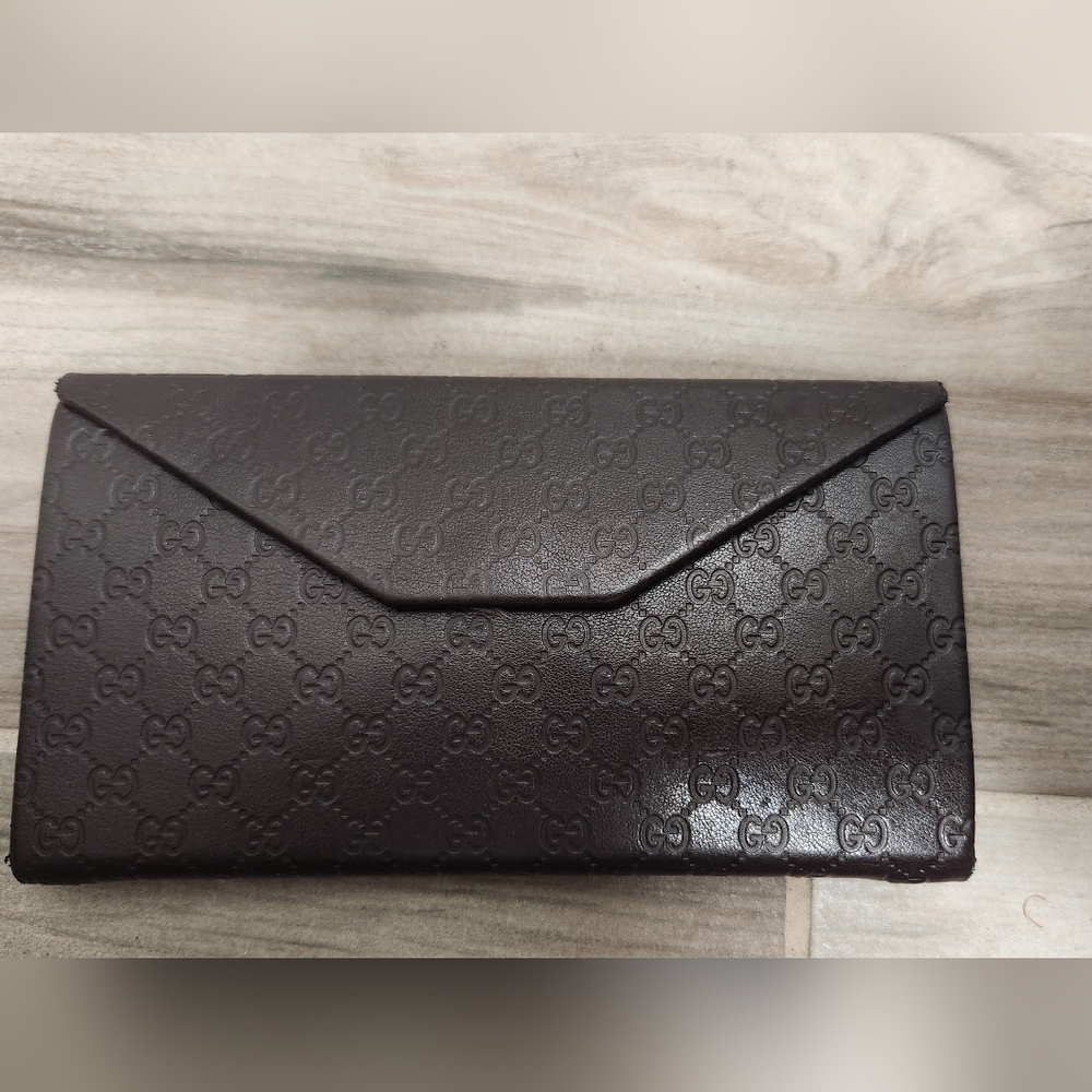 Gucci Sima Trifold Glasses Case Foldable Brown Leather Logo Authentic